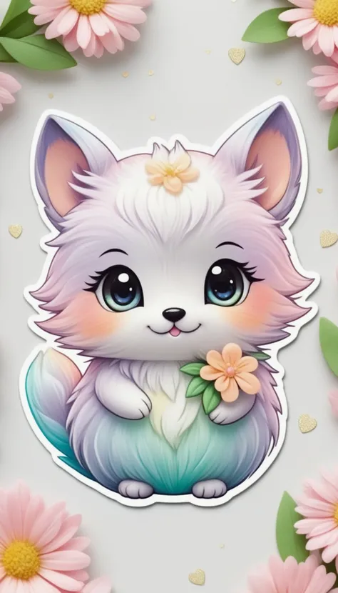 Sticker of a cute, round little animal with big, sparkling eyes and a gentle smile on its face. It has soft, pastel-colored fur. The small critter is surrounded by dainty, heart-shaped flowers in complementary pastel shades, adding to the sticker's overall charm.The white background provides the perfect canvas for this adorable creature, allowing its pastel features to pop and catch the eye. The sticker design exudes a warm and playful energy, making it an endearing addition to any item it adorns.