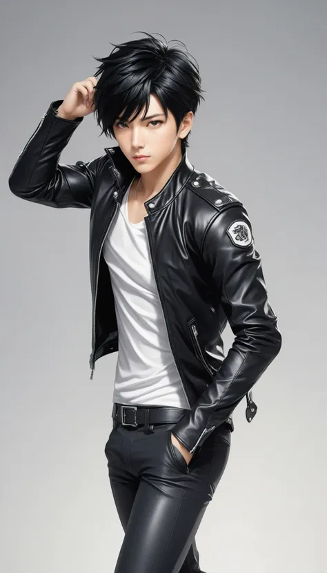 1boy, black hair, white background, short cut hair, leather jacket, tshirt, upper body, detailed shape, detailed line, art of fighting attitude, color manga style