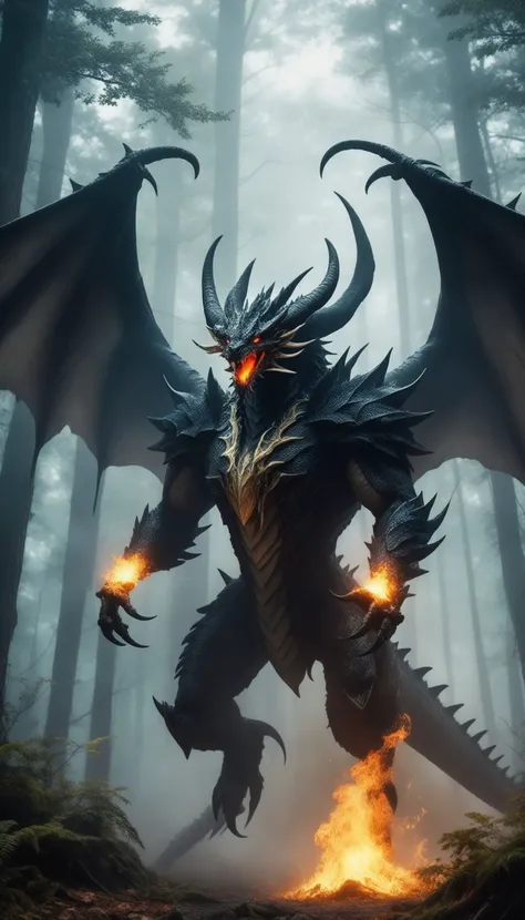 a giant monster hybrid of dragon and spider, in dark dense foggy forest, fire, no humans, open mouth, wings, dragon, sharp teeth, teeth, tail, solo, breathing fire, horns, monster, claws, smoke