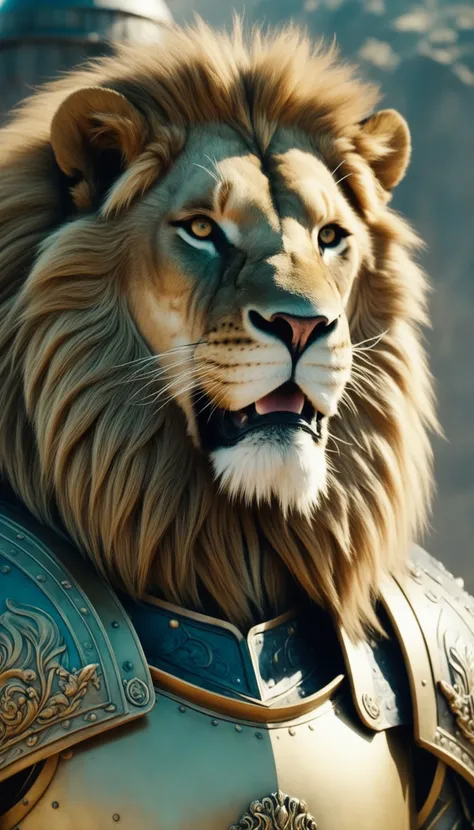 a lion in armor poses for a picture, cinematic close shot