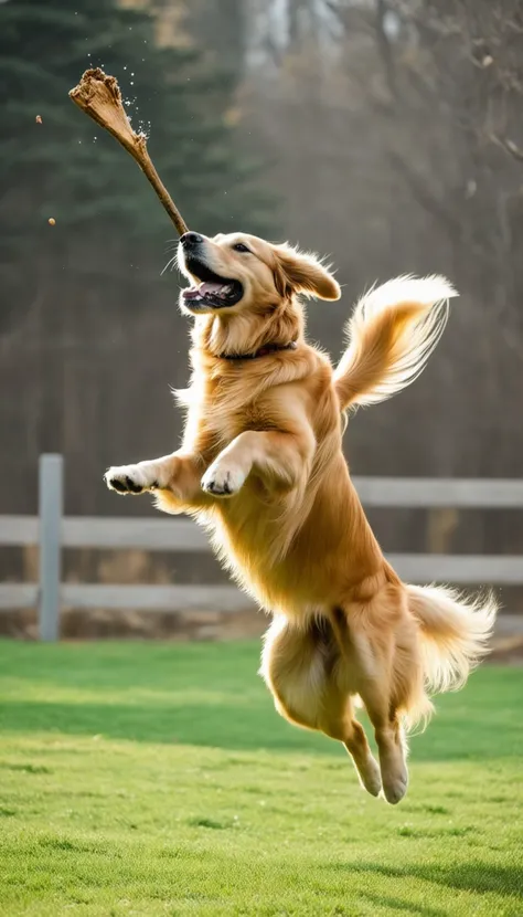 Golden retriever jumping to catch a stick