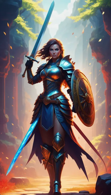 Pixel art of a fierce female warrior with a sword and shield in a fantasy setting, featuring vibrant colors, dynamic lighting, and a dramatic, epic mood