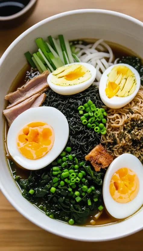 bowl of steaming hot ramen noodles, with a variety of toppings including sliced pork, boiled egg, green onions, and a sheet of nori (dried seaweed). The broth looks rich and flavorful, likely made from a combination of chicken, pork, and dashi.