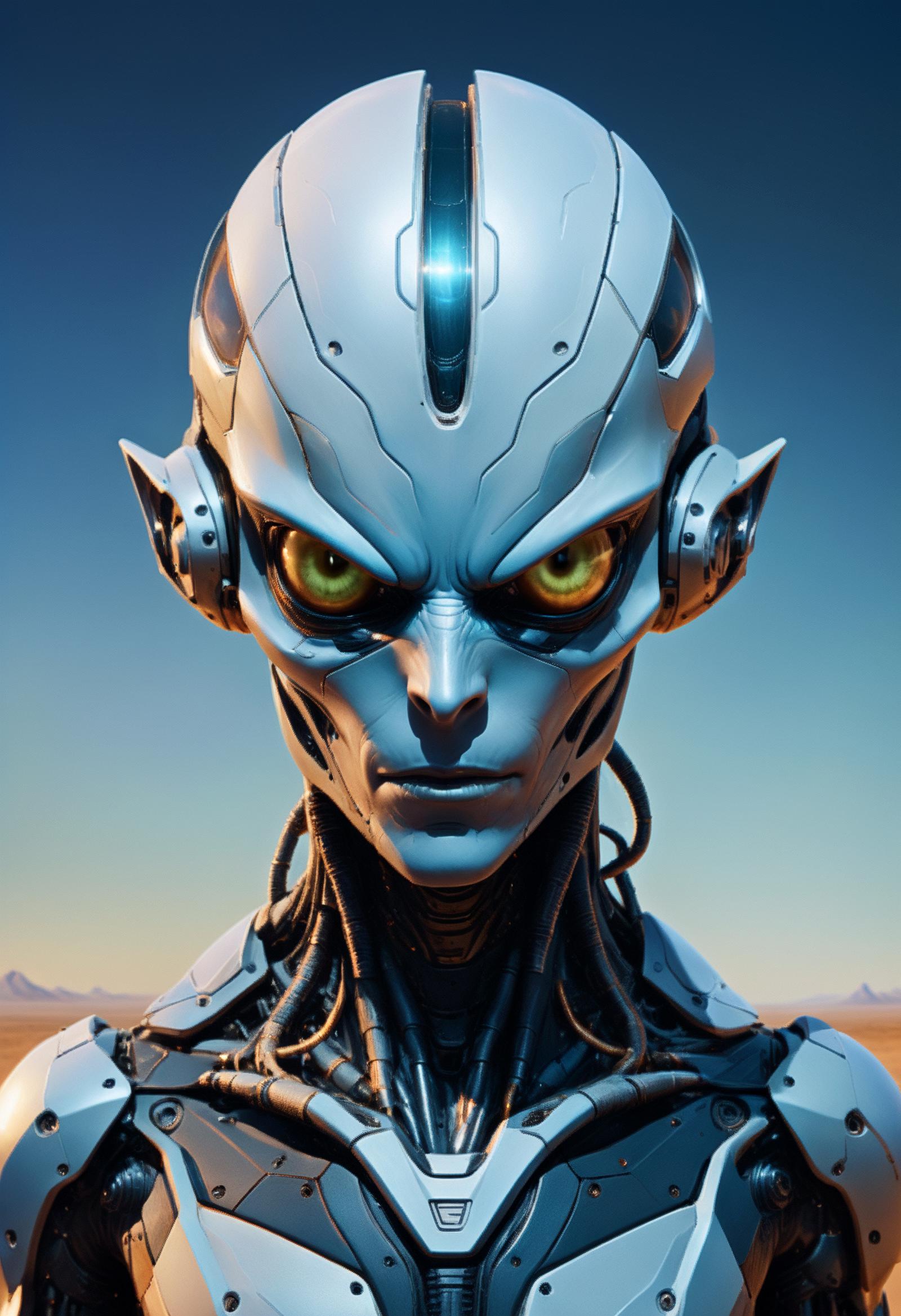 A close up of a robot with green eyes and a helmet - SeaArt AI