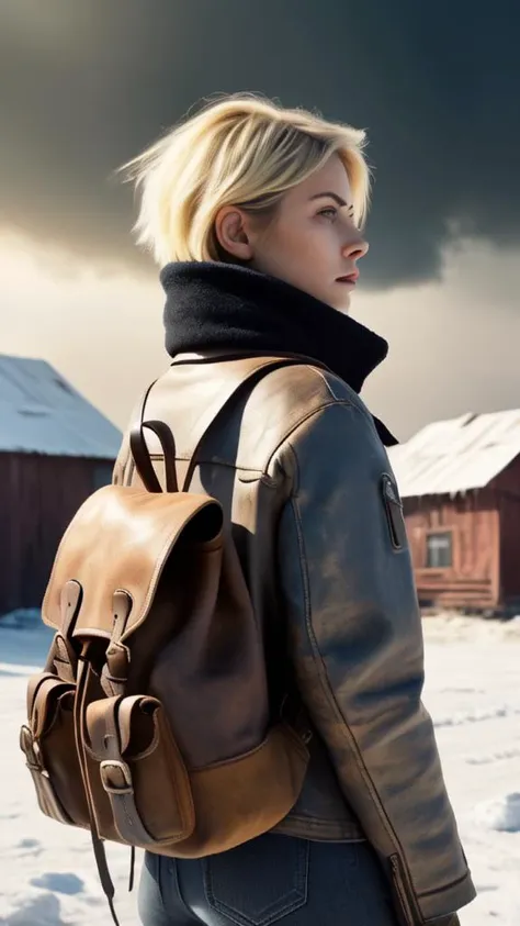 p(best quality,masterpeace, symmetrical composition, cinematic exposition,golden ratio,winter, action packed ), (professional cowboy shot of 1girl from behind, blonde short hair, ),beauty face,detailrd eyes,wearing winter postapocalyptic coat with backpack, a breathtaking futuristic background,science fiction, hopeful, serene, contrasting, style of J.M.W. Turner, high contrast lighting, soft focus, vivid color palette, HD resolution, painterly textures, surreal elements, realistic, dramatic shadows, atmospheric indoors perspective, postapocalyptic winter