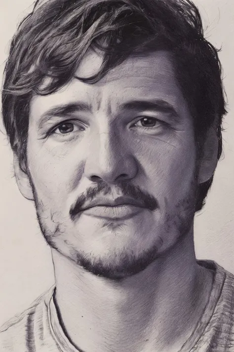 professional lineart portrait of the Pedro Pascal on a white paper <lora:PedroPascal:1>, lineart, Pencil art, noise, dithering,gradient, detailed, (((artistic monochrome painting)))