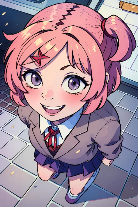 (best quality:0.8), perfect anime illustration, natsuki walking in the street, wearing a school uniform, smiling, bangs, <lora:Natsuki_V1:1>