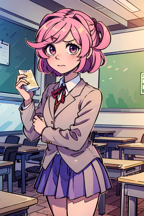 (best quality:0.8), perfect anime illustration, natsuki standing in a classroom, wearing a school uniform, swept bangs, pink eyes, <lora:Natsuki_V1:0.8>