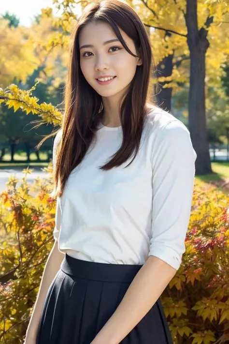1girl,(wearing a blouse and long skirt:1.2),(RAW photo, best quality), (realistic, photo-realistic:1.4), masterpiece, an extremely delicate and beautiful, extremely detailed, 2k wallpaper, Amazing, finely detail, extremely detailed CG unity 8k wallpaper, ultra-detailed, highres, soft light, beautiful detailed girl, extremely detailed eyes and face, beautiful detailed nose, beautiful detailed eyes,cinematic lighting,autumn scenery,maple leaves,outdoor,at a park,perfect anatomy,slender body,smiling <lora:miyaharakanon_lora:0.8>