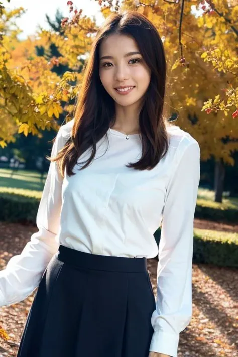 1girl,(wearing a blouse and long skirt:1.2),(RAW photo, best quality), (realistic, photo-realistic:1.4), masterpiece, an extremely delicate and beautiful, extremely detailed, 2k wallpaper, Amazing, finely detail, extremely detailed CG unity 8k wallpaper, ultra-detailed, highres, soft light, beautiful detailed girl, extremely detailed eyes and face, beautiful detailed nose, beautiful detailed eyes,cinematic lighting,autumn scenery,maple leaves,outdoor,at a park,perfect anatomy,slender body,smiling <lora:miyaharakanon_lora:0.8>