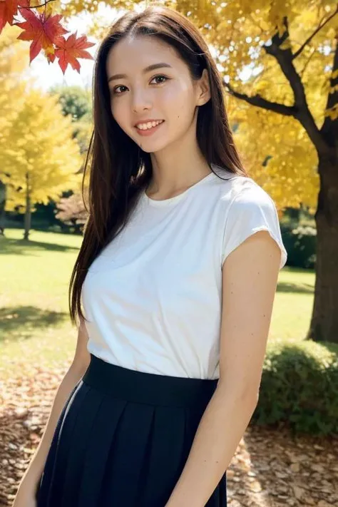 1girl,(wearing a blouse and long skirt:1.2),(RAW photo, best quality), (realistic, photo-realistic:1.4), masterpiece, an extremely delicate and beautiful, extremely detailed, 2k wallpaper, Amazing, finely detail, extremely detailed CG unity 8k wallpaper, ultra-detailed, highres, soft light, beautiful detailed girl, extremely detailed eyes and face, beautiful detailed nose, beautiful detailed eyes,cinematic lighting,autumn scenery,maple leaves,outdoor,at a park,perfect anatomy,slender body,smiling <lora:miyaharakanon_lora:0.8>