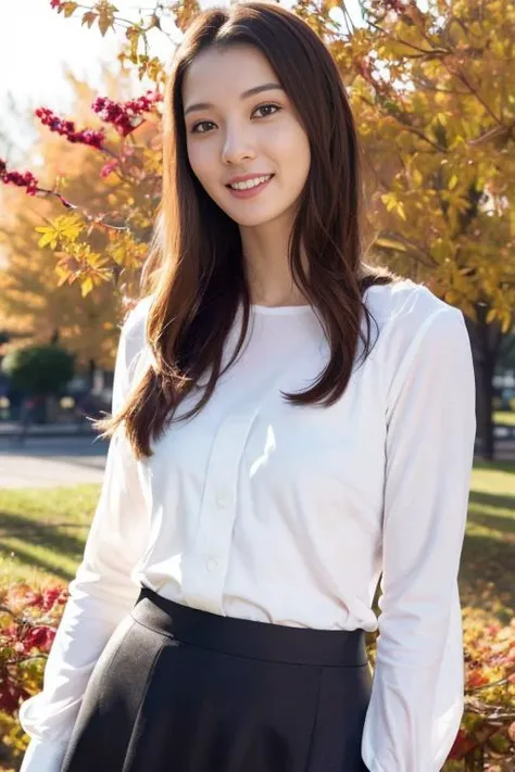 dark brown hair, light brown eyes, Japanese actress face, adult women, Face is around 40 years old, (intricate details: 1.2), (best quality: 1.4), (ultra high definition: 1.2), ultra high resolution, (detailed eyes), (detailed facial features), HDR, 8K resolution, Terrace in the woods, good sized chest, Wearing a thin, see-through blouse shirt, See-through bra, Wearing a thin, see-through tight mini skirt, hip, hip showing towards us, Smooth knees, Short hair, Short hair,