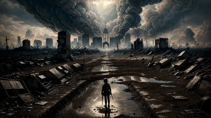 (apocalyptic desolated landscape), city destroyed in ruins, fire, war, houses burning, panicked, extermination, grim reaper, skeletons, skulls, sadness, blood on the floor, acid rain, smoke, end of the world, rats, dump, trash, cars in fire, buildings destroyed, fallout, antigas masks, many crosses, tombs, crosses, graveyards, cemetery, (very detailed), (medium shot):1.2, (standing):1.2, legs, mutants, nuclear explosion, bombs, radioactivity, radiation, sand, storm, wind, dirty puddle, mud, best quality, realistic, sharp focus, grey sky, natural light, backlight, shadows, high contrast, hdr, reflections, ugly, <lora:Detail Tweaker LoRA add_detail:0.7> <lora:depth_of_field_slider_v1:5> <lora:SDXLrender_v2.0:0.9>