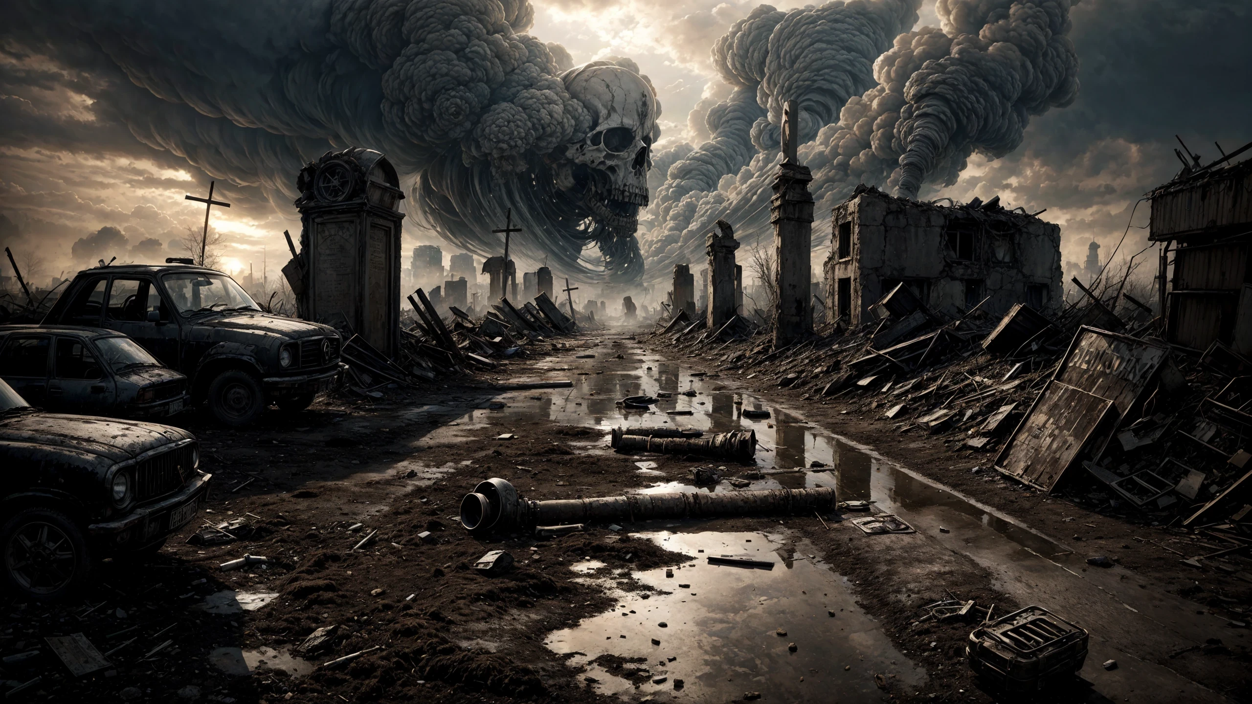 (apocalyptic desolated landscape), city destroyed in ruins, fire, war, houses burning, panicked, extermination, grim reaper, skeletons, skulls, sadness, blood on the floor, acid rain, smoke, end of the world, rats, dump, trash, cars in fire, buildings destroyed, fallout, antigas masks, many crosses, tombs, crosses, graveyards, cemetery, (very detailed), (medium shot):1.2, (standing):1.2, legs, mutants, nuclear explosion, bombs, radioactivity, radiation, sand, storm, wind, dirty puddle, mud, best quality, realistic, sharp focus, grey sky, natural light, backlight, shadows, high contrast, hdr, reflections, ugly, <lora:Detail Tweaker LoRA add_detail:0.7> <lora:depth_of_field_slider_v1:5> <lora:SDXLrender_v2.0:0.9>