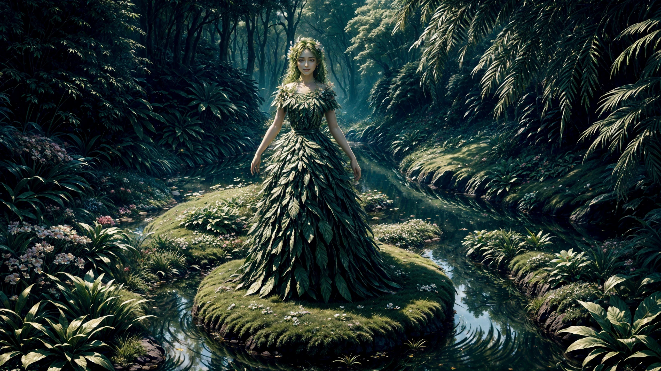 dryad, (green skin:1.3), (plant girl:1.2), (leaves and flowers) dress skirt,, octane render, unreal engine, pretty beautiful, adorable, young, happy smiling, (extremely detailed) and intricate, 8k, sharp focus, forest, tree, (big rock),moss, (small (pond:0.7) with crystalline clear water, ripples, reflections, raytracing, Cream flowers, crispy colors, high contrast, hdr, ethereal lights, shadows, <lora:Detail Tweaker LoRA add_detail:1><lora:depth_of_field_slider_v1:5> <lora:SDXLrender_v2.0:0.9> <lora:dryad:1>