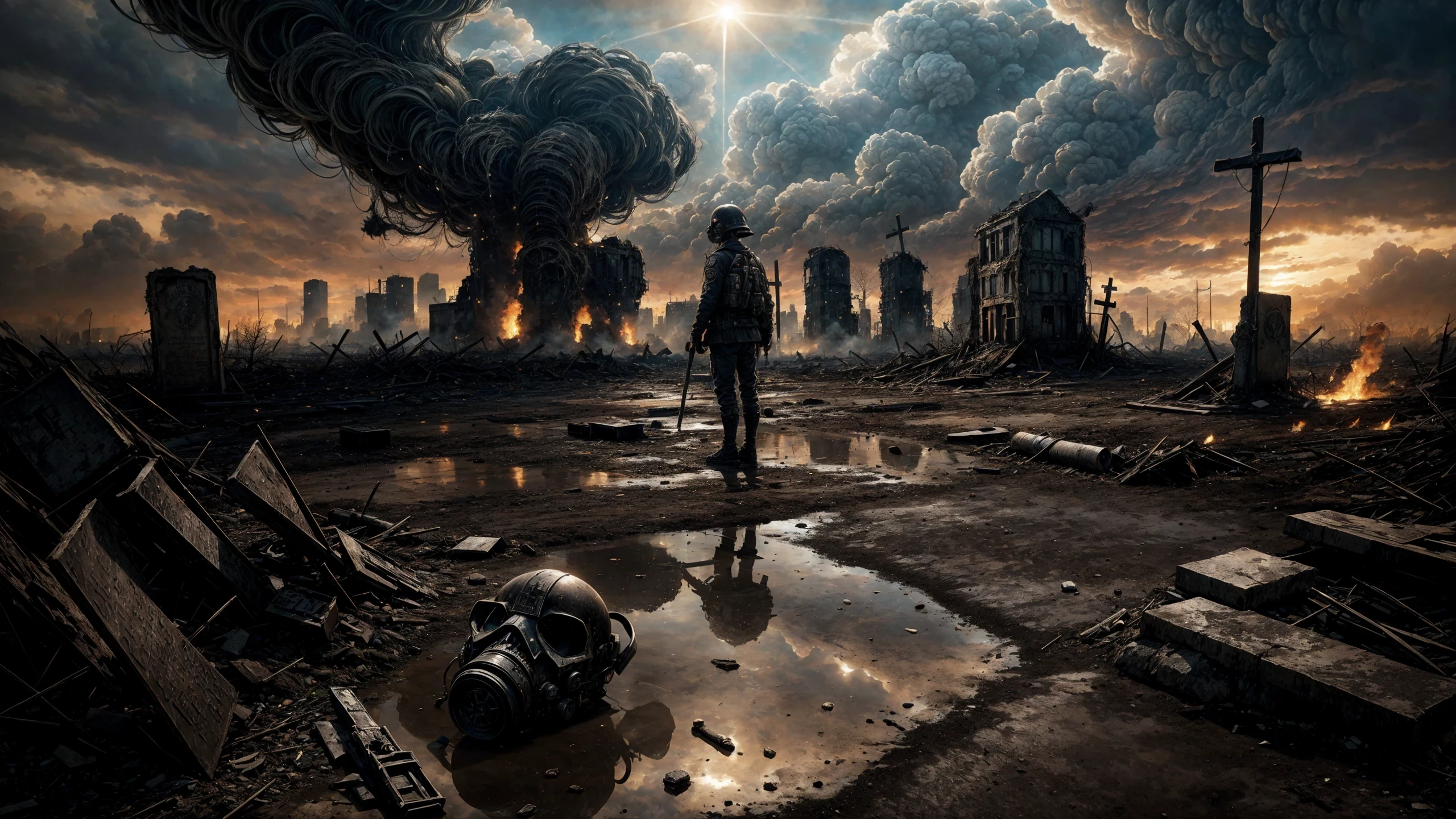 (apocalyptic desolated landscape), city destroyed in ruins, fire, war, houses burning, panicked, extermination, grim reaper, skeletons, skulls, sadness, blood on the floor, acid rain, smoke, end of the world, rats, dump, trash, cars in fire, buildings destroyed, fallout, antigas masks, many crosses, tombs, crosses, graveyards, cemetery, (very detailed), (medium shot):1.2, (standing):1.2, legs, mutants, nuclear explosion, bombs, radioactivity, radiation, sand, storm, wind, dirty puddle, mud, best quality, realistic, sharp focus, grey sky, natural light, backlight, shadows, high contrast, hdr, reflections, ugly, <lora:Detail Tweaker LoRA add_detail:0.7> <lora:depth_of_field_slider_v1:5> <lora:SDXLrender_v2.0:0.9>