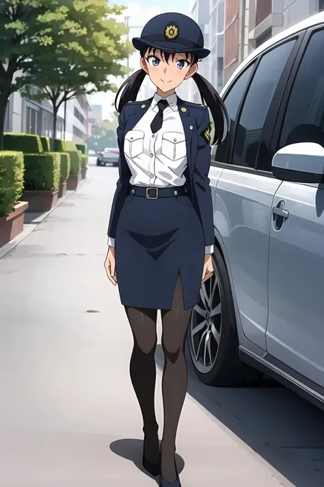 ((masterpiece)),((best quality)),ultra-detailed,illustratio,Explicit,Beautiful body,Beautiful Nose,Beautiful character design,perfect eyes,perfect face,wallpaper,ultra highres,
4K,photography,(Beautiful,normal breasts:1.5),(beautiful face:1.2),beautiful legs,perfect legs,(meitantei conan \(style\), detecive conan \(style\), meitantei conan),
shiny skin,anime screencap,official style,Miike Naeko,1girl,solo,police,police uniform,uniform,policewoman,hat,pantyhose,skirt,necktie,twintails,black hair,pencil skirt,jacket,full body,smile,police hat,looking at viewer,high heels,arms behind back,standing,grey eyes,shoes,short twintails,black footwear,shirt,<lora:Miike Naeko:0.7>,outdoor,street,Traffic car herd,Cherry tree,