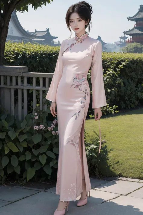 (best quality, masterpiece, 8K, ultra high res, realistic:1.3),(Beautiful and detailed face:1.2),(full body:1.2),1girl,solo,looking at viewer,big eyes,small breasts,slim body,arms at sides,smile,(Extremely detailed light pink chinese clothes:1.2),hairpin,architecture,east asian,riverside,forest,<lora:girl_1:1>,