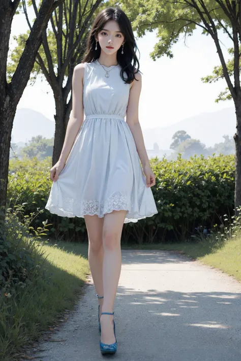 1 Girl, Clear water, Blue Butterfly, Pure white gauze skirt, Sparkling