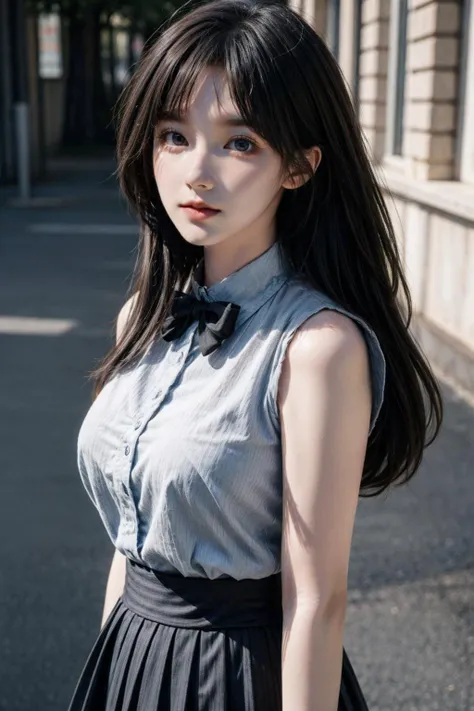 cinematic photo 1girl,brown eyes,(black long straight hair:1.2),(above knee:1.2),(cowboy shot:1.2),(large breasts),looking at viewer,8k uhd,dslr,soft lighting,high quality,film grain,Fujifilm XT3,outdoors,photorealistic,realistic,solo,upper body,richly defined face,dewy skin,products shot,(high detailed skin:1.2),detailed face and eyes,natural skin texture,highly detailed skin,textured skin,skin pores,imperfect skin,visible skin detail,detailed skin texture,dynamic pose,windy,young beauty,pantyhose,pleated skirt,collared sleeveless shirt,bow tie,tie bow,outdoors,<lora:girl_1:1>,<lora:add_detail:0.4>,<lora:more_details:0.4>,<lora:FilmVelvia3:0.3>,<lora:polyhedron_new_skin_v1.1:0.2>,<lora:skin_slider_v1:0.8>,