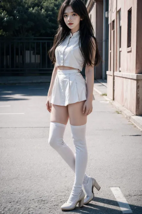cinematic photo 1girl,brown eyes,(black long straight hair:1.2),(full body:1.2),looking at viewer,8k uhd,dslr,soft lighting,high quality,film overlay,film grain,Fujifilm XT3,outdoors,photorealistic,realistic,solo,richly defined face,dewy skin,products shot,(high detailed skin:1.2),detailed face and eyes,natural skin texture,highly detailed skin,textured skin,skin pores,imperfect skin,visible skin detail,detailed skin texture,dynamic pose,windy,young beauty,(pleated skirt),thighhighs,(white thigh high nylon stockings:1.4),high heel shoes,outdoors,sun light,<lora:girl_1:1>,<lora:add_detail:0.4>,<lora:more_details:0.4>,<lora:FilmVelvia3:0.3>,<lora:polyhedron_new_skin_v1.1:0.2>,<lora:skin_slider_v1:0.8>,
