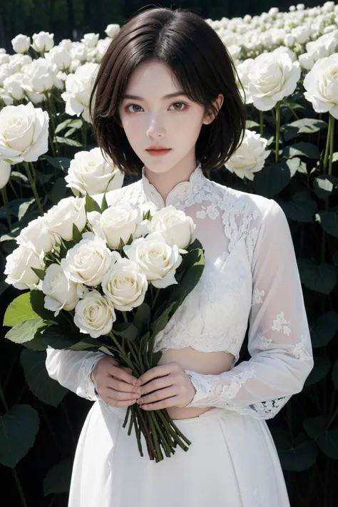 (best quality, masterpiece, 8K, ultra high res, realistic:1.3),1girl,bouquet,brown eyes,cat ears,daisy,dandelion,floral background,flower,flower field,flower pot,garden,green flower,holding bouquet,holding flower,hydrangea,lily \(flower\),lily of the valley,lily pad,lips,looking at viewer,lotus,navel,nose,orange flower,pink flower,pink rose,purple flower,pussy,realistic,rose,short hair,solo,tulip,used tissue,vase,white flower,white rose,yellow flower,yellow rose,<lora:girl_1:1>,