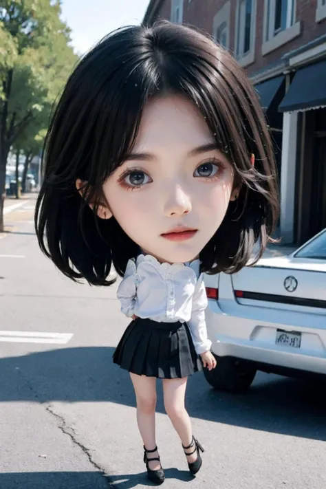 cinematic photo 1girl,brown eyes,(black long straight hair:1.2),(full body:1.2),(chibi:1.5),looking at viewer,8k uhd,dslr,soft lighting,high quality,film overlay,film grain,Fujifilm XT3,outdoors,photorealistic,realistic,solo,richly defined face,dewy skin,products shot,(high detailed skin:1.2),detailed face and eyes,natural skin texture,highly detailed skin,textured skin,skin pores,imperfect skin,visible skin detail,detailed skin texture,dynamic pose,windy,young beauty,(pleated skirt),thighhighs,thigh high nylon stockings,high heel shoes,outdoors,sun light,<lora:girl_1:1>,<lora:chibi_v1:1>,