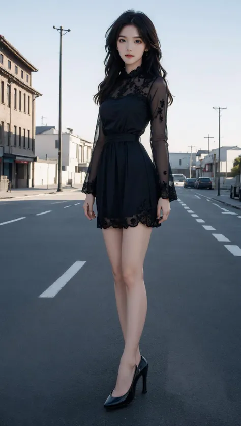 masterpiece,best quality,(photorealistic:2),realistic,RAW photo,8K UHD,ultra high resolution,cinematic lighting,coherent light,(sun light:1.2),coherent shadows,1girl,smile,(full body:1.6),(Very clear facial contours Facial skin texture:1.2),detailed eyes,detailed skin,black long hair,(brown eyes:1.4),real pores,lips,jewelry,outdoors,(pretty legs:1.2),(long legs:1.2),(slim legs:1.2),(bare legs:1.2),perfect body,lean body,Particles of Light,(narrow waist:1.3),large breast,distinct_image,high_resolution,(lustrous skin),(blue elegant lace long-sleeved dress:1.4),girl standing on the street,<lora:girl_1:1>,