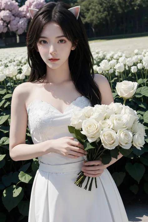 (best quality, masterpiece, 8K, ultra high res, realistic:1.3),1girl,bouquet,brown eyes,cat ears,daisy,dandelion,floral background,flower,flower field,flower pot,garden,green flower,hydrangea,lily \(flower\),lily of the valley,lily pad,lips,looking at viewer,lotus,navel,nose,orange flower,pink flower,pink rose,purple flower,pussy,realistic,rose,long hair,solo,tulip,used tissue,vase,white flower,white rose,yellow flower,yellow rose,<lora:girl_1:1>,