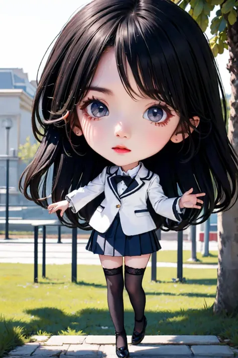 cinematic photo 1girl,brown eyes,(black long straight hair:1.2),(full body:1.2),(chibi:1.5),looking at viewer,8k uhd,dslr,soft lighting,high quality,film overlay,film grain,Fujifilm XT3,outdoors,photorealistic,realistic,solo,richly defined face,dewy skin,products shot,(high detailed skin:1.2),detailed face and eyes,natural skin texture,highly detailed skin,textured skin,skin pores,imperfect skin,visible skin detail,detailed skin texture,dynamic pose,windy,young beauty,(pleated skirt),thighhighs,thigh high nylon stockings,high heel shoes,outdoors,sun light,<lora:girl_1:1>,<lora:chibi_v1:1>,