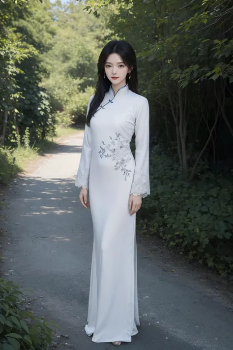 (best quality, masterpiece, 8K, ultra high res, realistic:1.3),(Beautiful and detailed face:1.2),(full body:1.2),1girl,solo,looking at viewer,big eyes,small breasts,slim body,arms at sides,smile,(Extremely detailed white chinese clothes:1.2),hairpin,architecture,east asian,riverside,forest,<lora:girl_1:1>,