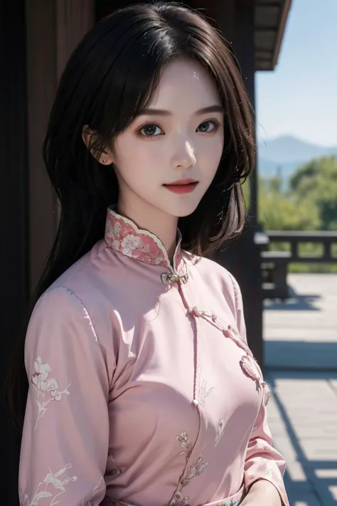 (best quality, masterpiece, 8K, ultra high res, realistic:1.3),(Beautiful and detailed face:1.2),(upper body:1.2),1girl,solo,looking at viewer,big eyes,small breasts,slim body,arms at sides,smile,(Extremely detailed pink chinese clothes:1.2),hairpin,architecture,east asian,riverside,forest,<lora:girl_1:1>,
