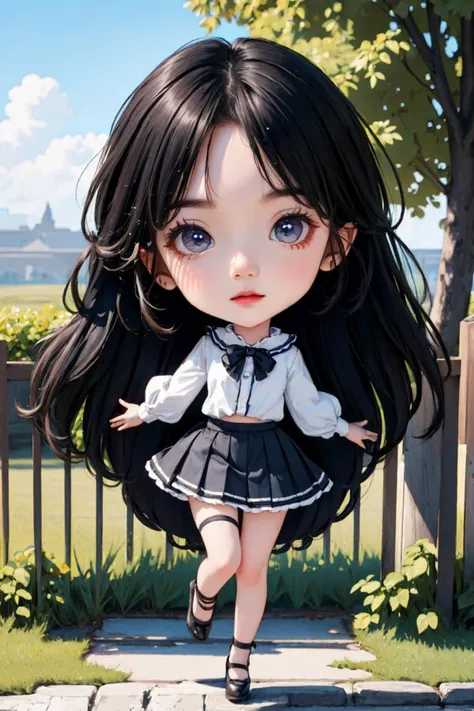 cinematic photo 1girl,brown eyes,(black long straight hair:1.2),(full body:1.2),(chibi:1.5),looking at viewer,8k uhd,dslr,soft lighting,high quality,film overlay,film grain,Fujifilm XT3,outdoors,photorealistic,realistic,solo,richly defined face,dewy skin,products shot,(high detailed skin:1.2),detailed face and eyes,natural skin texture,highly detailed skin,textured skin,skin pores,imperfect skin,visible skin detail,detailed skin texture,dynamic pose,windy,young beauty,(pleated skirt),thighhighs,thigh high nylon stockings,high heel shoes,outdoors,sun light,<lora:girl_1:1>,<lora:chibi_v1:1>,