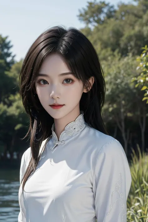(best quality, masterpiece, 8K, ultra high res, realistic:1.3),(Beautiful and detailed face:1.2),(upper body:1.2),1girl,solo,looking at viewer,big eyes,small breasts,slim body,arms at sides,smile,(Extremely detailed white chinese clothes:1.2),hairpin,architecture,east asian,riverside,forest,<lora:girl_1:1>,