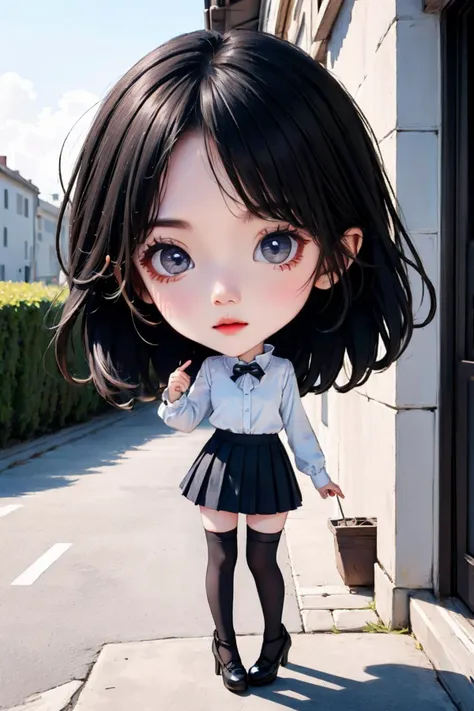 cinematic photo 1girl,brown eyes,(black long straight hair:1.2),(full body:1.2),(chibi:1.5),looking at viewer,8k uhd,dslr,soft lighting,high quality,film overlay,film grain,Fujifilm XT3,outdoors,photorealistic,realistic,solo,richly defined face,dewy skin,products shot,(high detailed skin:1.2),detailed face and eyes,natural skin texture,highly detailed skin,textured skin,skin pores,imperfect skin,visible skin detail,detailed skin texture,dynamic pose,windy,young beauty,(pleated skirt),thighhighs,thigh high nylon stockings,high heel shoes,outdoors,sun light,<lora:girl_1:1>,<lora:chibi_v1:1>,