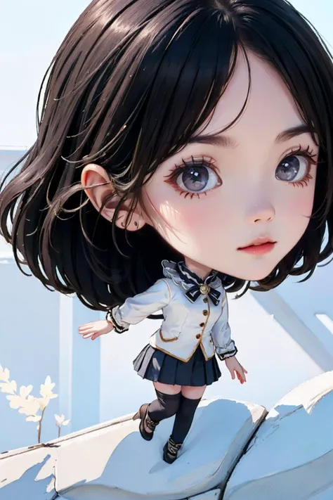 cinematic photo 1girl,brown eyes,(black long straight hair:1.2),(full body:1.2),(chibi:1.5),looking at viewer,8k uhd,dslr,soft lighting,high quality,film overlay,film grain,Fujifilm XT3,outdoors,photorealistic,realistic,solo,richly defined face,dewy skin,products shot,(high detailed skin:1.2),detailed face and eyes,natural skin texture,highly detailed skin,textured skin,skin pores,imperfect skin,visible skin detail,detailed skin texture,dynamic pose,windy,young beauty,(pleated skirt),thighhighs,thigh high nylon stockings,high heel shoes,outdoors,sun light,<lora:girl_1:1>,<lora:chibi_v1:1>,