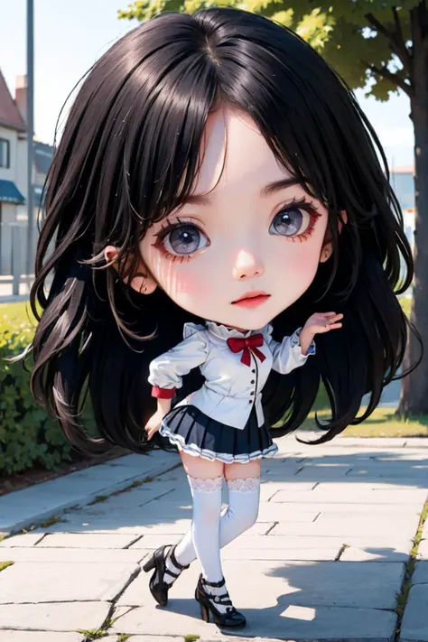 cinematic photo 1girl,brown eyes,(black long straight hair:1.2),(full body:1.2),(chibi:1.5),looking at viewer,8k uhd,dslr,soft lighting,high quality,film overlay,film grain,Fujifilm XT3,outdoors,photorealistic,realistic,solo,richly defined face,dewy skin,products shot,(high detailed skin:1.2),detailed face and eyes,natural skin texture,highly detailed skin,textured skin,skin pores,imperfect skin,visible skin detail,detailed skin texture,dynamic pose,windy,young beauty,(pleated skirt),thighhighs,thigh high nylon stockings,high heel shoes,outdoors,sun light,<lora:girl_1:1>,<lora:chibi_v1:1>,