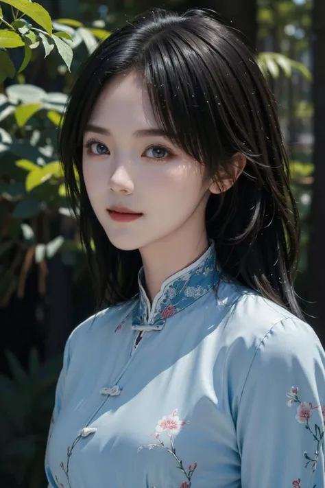 (best quality, masterpiece, 8K, ultra high res, realistic:1.3),(Beautiful and detailed face:1.2),(upper body:1.2),1girl,solo,looking at viewer,big eyes,small breasts,slim body,arms at sides,smile,(Extremely detailed light blue chinese clothes:1.2),hairpin,architecture,east asian,riverside,forest,<lora:girl_1:1>,