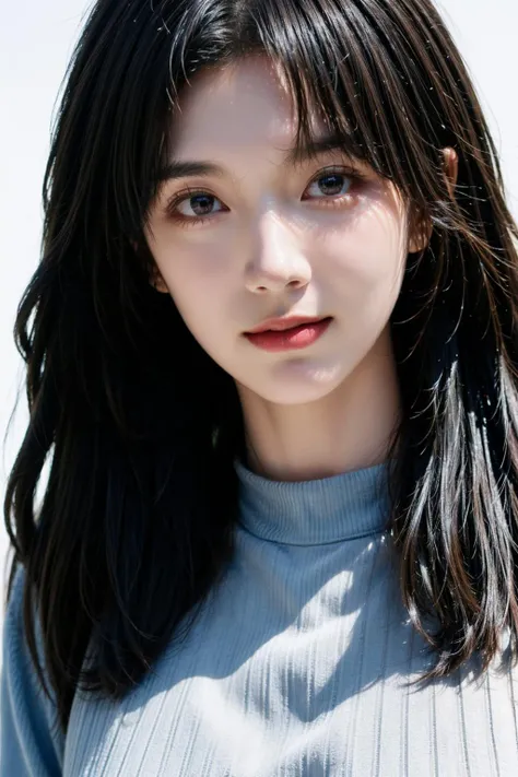 (best quality:1.4),(masterpiece:1.4),(photorealistic:1.4),(Realistic:1.2),(8K:1.2),cinematic photo,1girl,brown eyes,black hair,long hair,(blue sweater:1.3),looking at viewer,makeup,smile,solo,upper body,white background,white shirt,wing collar,polaroid photo,night photo,photo of 24 y.o beautiful woman,pale skin,bokeh,(street:1.2),<lora:girl_1:0.9>,<lora:add_detail:0.4>,<lora:more_details:0.4>,<lora:FilmVelvia3:0.6>,