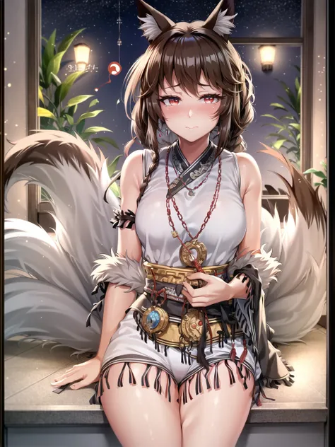 ((masterpiece,best quality)),1girl,fox tail, fox ears, red eyes, brown hair, large breasts, ( beautiful woman ),(idol),looking at viewer ,brooch:1.5,indoors, office, embarrassed, closed mouth,
