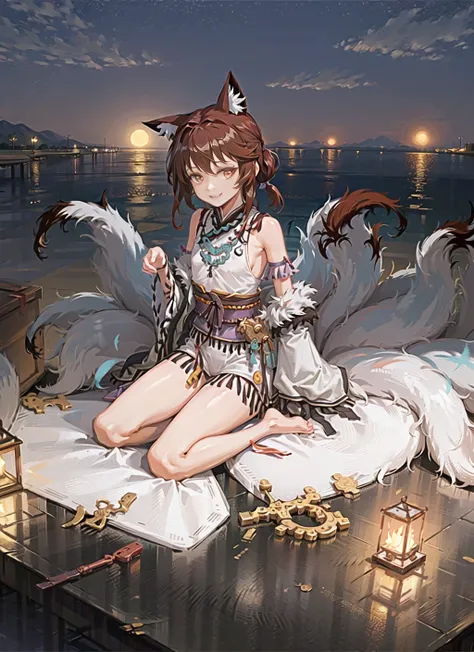 ((best quality ,masterpiece)),1girl,full body shot,solo,solo focus,red eyes,red pupils, brown hair,floating hair,(fox tail,multiple tails:1.3),smile,detached sleeves,white clothes, barefoot, jade ornament,outdoors,night,full moon,(beach,ocean:1.4),slim legs,single purple leg ribbon,