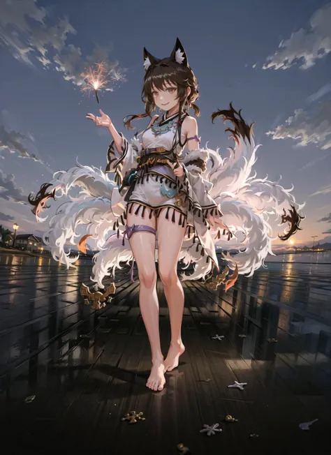 ((best quality ,masterpiece)),1girl,full body,solo,solo focus,night,red eyes,brown hair,floating hair,fox tail,multiple tails,  smile,detached sleeves,white clothes, barefoot, jade ornament,outdoors,(holding fireworks),(beach,ocean:1.4),slim legs,single purple leg ribbon, standing,