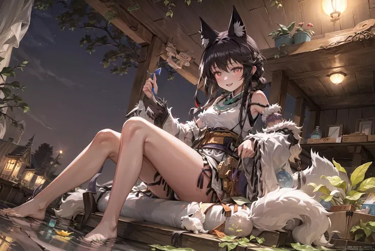 ((masterpiece,best quality)),from below, ( reclining :1.3), 1girl, solo,solo focus,(looking down:1.4),looking at viewer, red eyes, fox tail, jade ornament,detached sleeves,purple leg belt,barefoot, smile,ultra-detailed ,( beautiful woman ),(idol),( shiny:1.4) skin with (lvory white color) by (Oil highlights), extremely detailed CG unity 8k wallpaper,(wading:1.3), standing,night,water,full moon,
