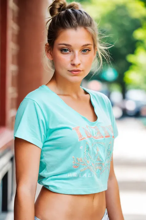 RAW photo a stunning intricate photo of indiana_a (wearing casual t-shirt:1.2), (hair tied back:1.2), (full body), soft lighting, highly detailed face, (film grain, 35mm, sharp focus, dslr, bokeh, depth of field:1.1) <lyco:dnad_indiana_a_locon_v1:.75>
