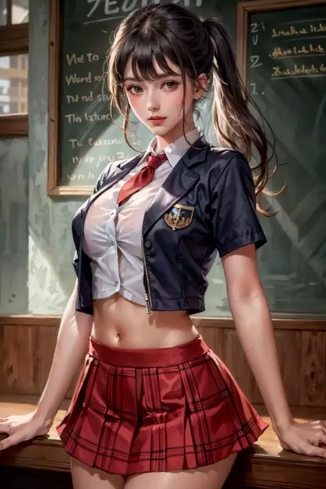 emma watson as a sexy schoolgirl sitting on a fence. tight intricate red school uniform. crop top. slender body. underboob. classroom. day. background blackboard. pleated skirt. legs open.
