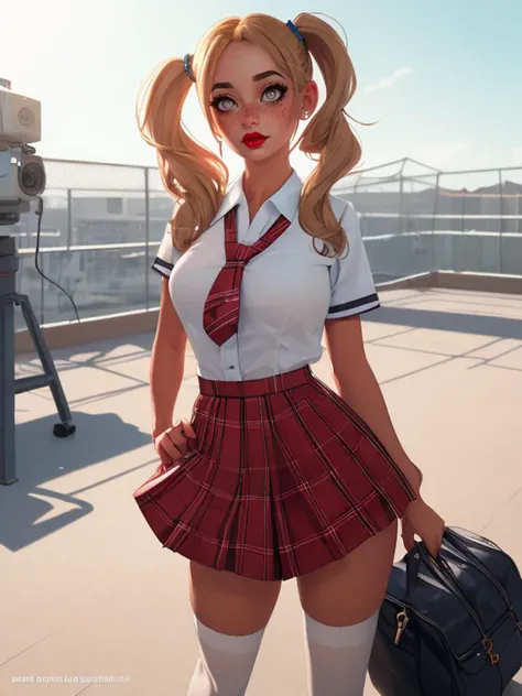 (Photo:1.3) of (Ultrarealistic:1.3) woman, <lora:school_rooftop_v0.1:1>, school rooftop, <lora:Catholic School Uniform:1>, blue catholic school uniform, loose low pigtails,Highly Detailed, RAW candid cinema, 16mm, color graded portra 400 film, remarkable color, ultra realistic, textured skin, remarkable detailed pupils, realistic dull skin noise, visible skin detail, skin fuzz, dry skin, shot with cinematic camera