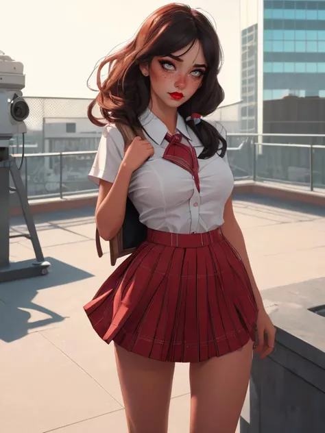 (Photo:1.3) of (Ultrarealistic:1.3) woman, <lora:school_rooftop_v0.1:1>, school rooftop, <lora:Catholic School Uniform:1>, catholic school uniform,Highly Detailed, RAW candid cinema, 16mm, color graded portra 400 film, remarkable color, ultra realistic, textured skin, remarkable detailed pupils, realistic dull skin noise, visible skin detail, skin fuzz, dry skin, shot with cinematic camera