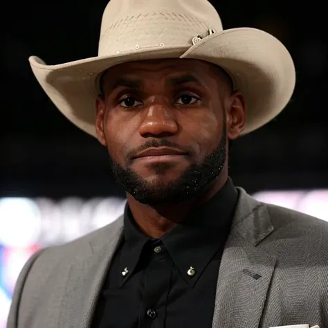 <lora:lebron-10:1>, Photograph, color, portrait. lebron james dressed as a cowboy, outdoor, night, rugged, weathered, stoic, cowboy hat, spurs on boots, close up, piercing dark brown eyes, a determined expression, standing against a backdrop of a clear night sky filled with stars, the cowboy is looking off into the distance, best quality, ultra-detailed, classic western