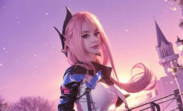 masterpiece, 1girl, dynamic angle, realistic, pink hair, hair ornament, perfect face with (blue eyes ), big eyes, elf ears, small smile, faint lips, blush, looking at viewer, white dress, cutout black coat, clothing cutout, pants, blunt bangs, medium breast, elysia (castle), rail, leaning on rail, GebianLora, RAW photo, 8k uhd, film grain <lora:LoraModel2:1>