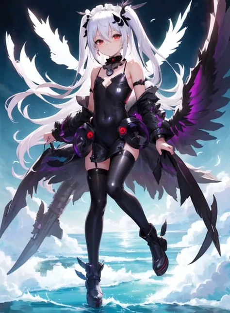 <lora:kedamamilk-000004:1>,black and white maid outfit, cute dress, dress with rustles, volume on dress,((((masterpiece)))), colorful hair, (long hair),(((adult))) Lolita, shiny skin, shiny hair, hair ornament, black ribbon, small flat chest,shoulders, visible through hair, hairs between eyes, cute, highlight hair, neck ring, solo, fantasy, Gradient hair, white hair, sea of sakura, leg, full body, one side up, see-through lens, apathy, red moon, city, black silk stockings, black light on back, black angel wings on back, black Feather, flying, gemstone necklace, (black metallic wings ), Feather, flying, (((metallic gear ))), (combats), Mecha, night, (metallic bodysuit), (iron wings), white hair, red eyes